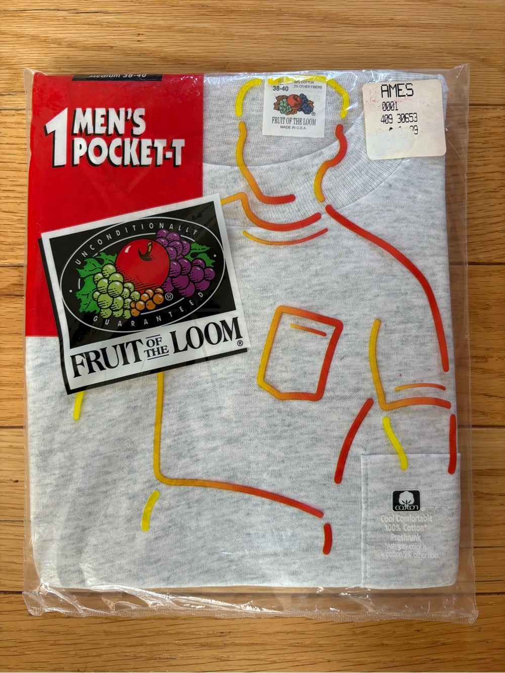 NOS Vtg 90's Fruit of the Loom Gray Pocket T-Shirt 100% Cotton Men’s M SEALED
